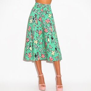 80s Vintage Rayon Button Front Midi Skirt XS Mint Green Folk Art Novelty Print